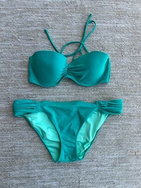 Vintage Victoria's Secret Teal Convertible Bandeau Bikini set Bottom M Top 32 D